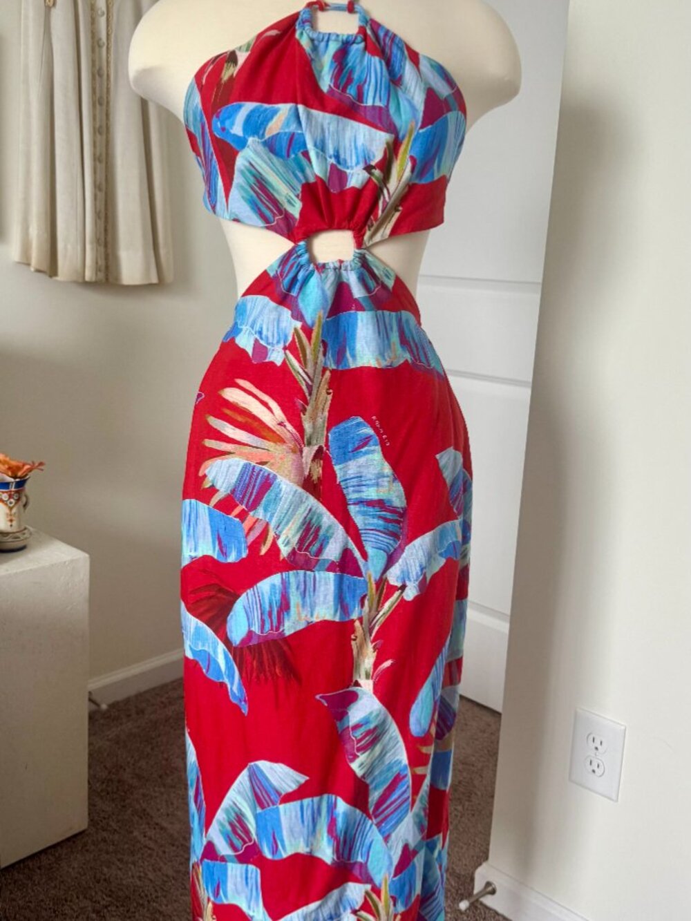 *RARE* NWT Farm Rio XS Women's Sweet Jungle Red Cutout Midi Dress Beaded Tassels